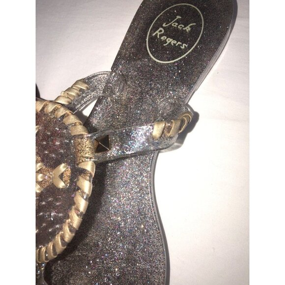 Jack Rogers Size 9 Sandals Jelly Thong Clear Glitter Medallion Gold Summer Beach - Picture 4 of 5